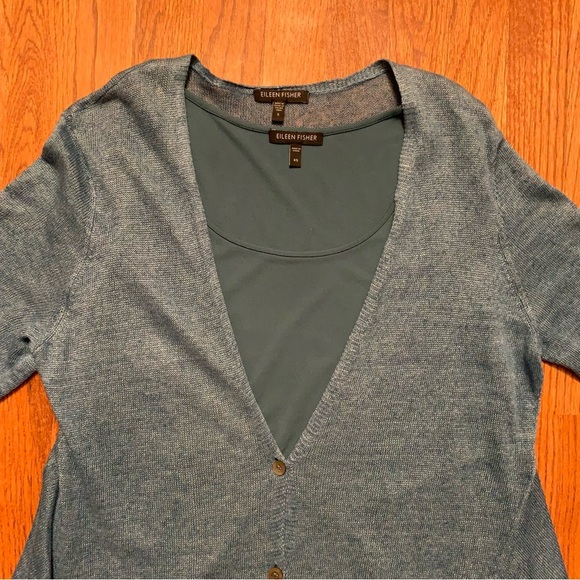 Eileen Fisher Linen Button Up Asymmetrical Cardigan Sweater with Silk Tank Top - Picture 2 of 16